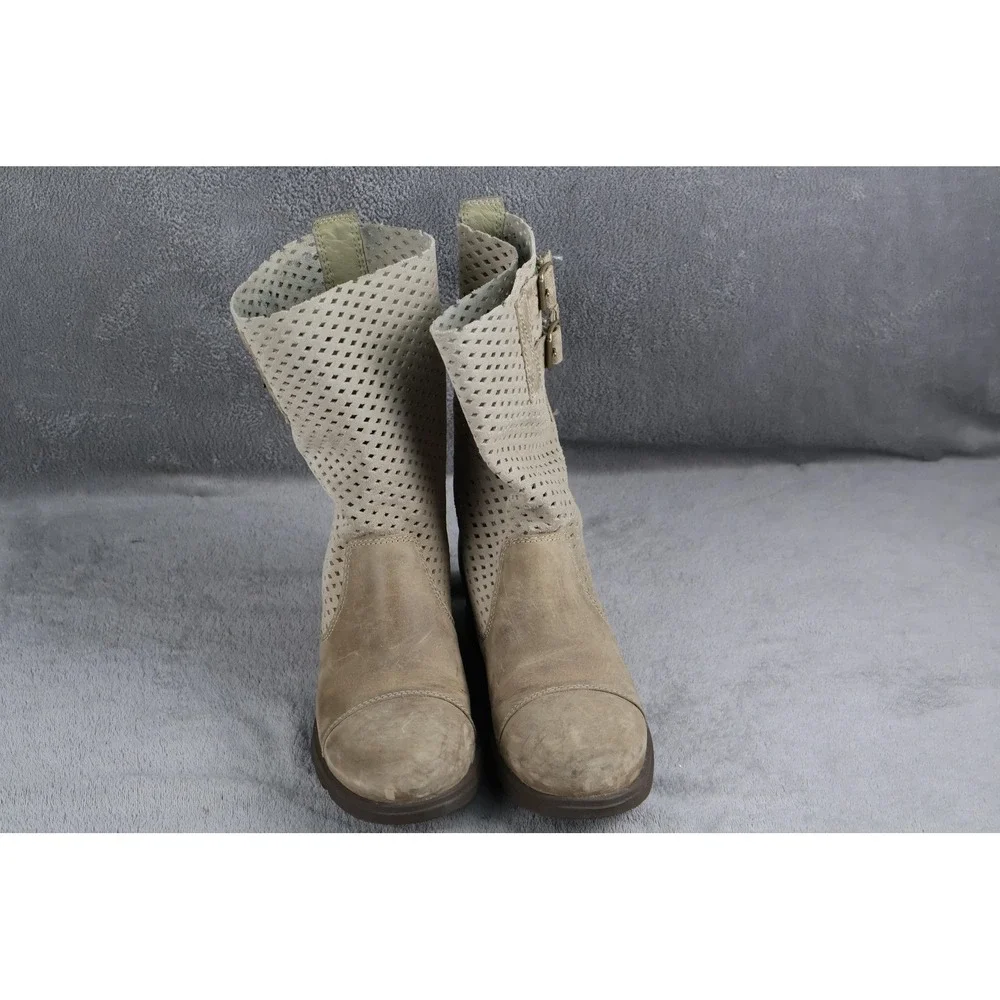 Sorel Boots Womens Size 7 Beige Suede Perforated Mid-Calf Slip On Buckle Logo